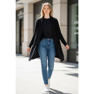 Size L VASS Black Open-Front Draped Collar Long Sleeve Knit Cardigan Sweater